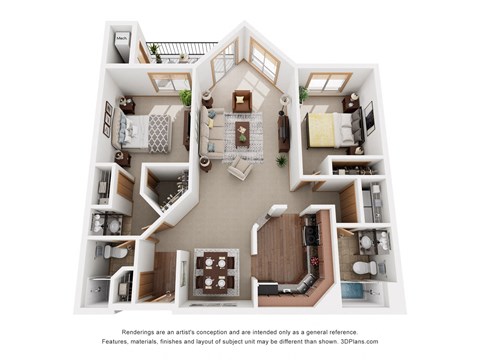 Floor plan for 2 beds, 2 baths, 1050 sqft